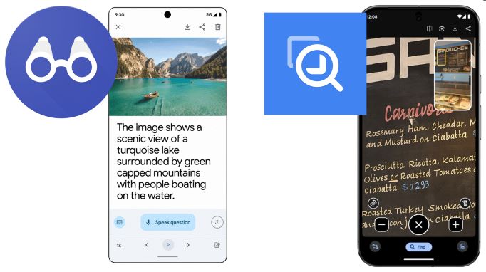 On the left: Google's Lookout logo with screenshot of Lookout describing a scene of a lake and mountains; On the right: Google's Magnifier logo with screenshot of magnified distant menu with inset showing unmagnified view